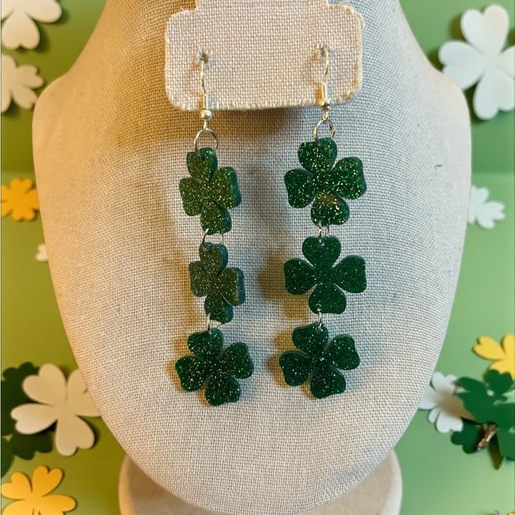 Jewelry - Green Glitter Shamrock Chain Earrings — St. Patrick’s Day Statement Dangles
